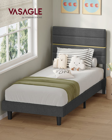 Modern bedframe met gestoffeerd hoofdbord | Leigrijs | 90x202x110/116,5 cm