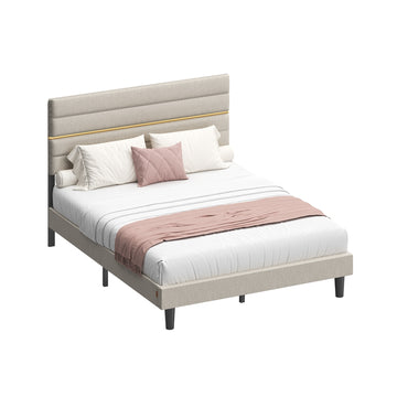 Modern tweepersoonsbedframe met gestoffeerd hoofdbord | Cappuccinobeige | 140x202x110/116,5 cm