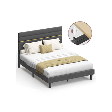 Grijs bedframe met linnenlook, staal, stevig, 202 x 146 x 110/116,5 cm