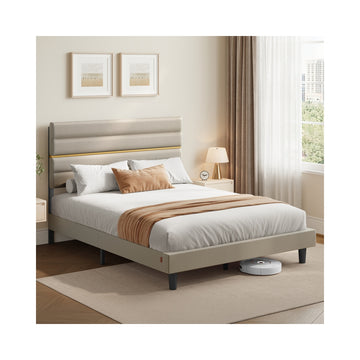 Modern dubbelbedframe met gepolsterd hoofdbord | Cappuccinobeige | 160x202x110/116,5 cm