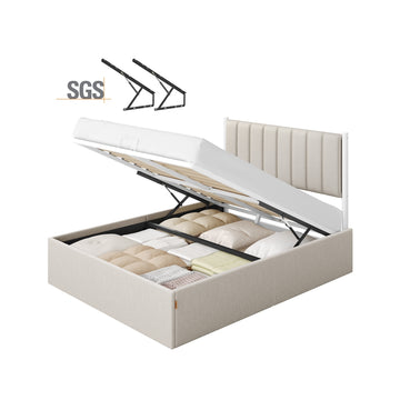 Bedframe 140 x 200 cm met opbergruimte en hoofdbord | Cappuccinobeige | 143,4x209,3x110 cm