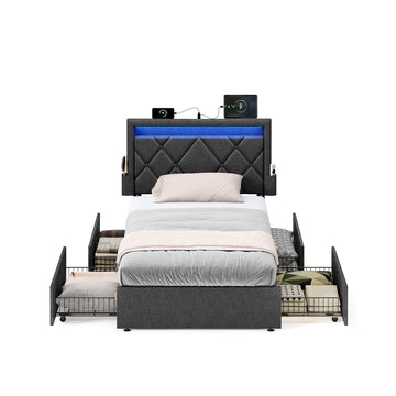 Metalen bedframe met ledverlichting lades en hoofdbord | Donkergrijs | 95x210,2x88,2/94,7 cm