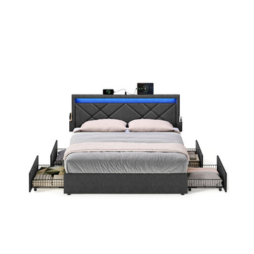 Metalen bedframe met ledverlichting, laden en hoofdbord | Donkergrijs | 185x210,2x94,7 cm