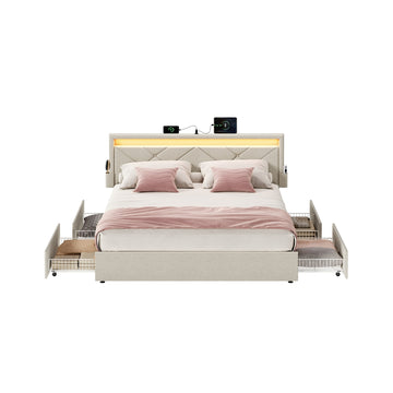 Metalen bedframe met led, lades en hoofdbord | Cappuccinobeige | 149,2x210,2x88,2/94,7 cm