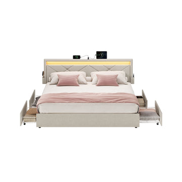 Metalen bedframe met ledverlichting, lades en hoofdbord | Cappuccinobeige | 169x210,2x88,2/94,7 cm