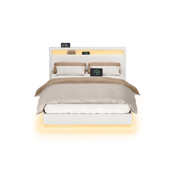 Bedframe met LED-verlichting en oplaadstation - wit staal PU-leer 213x147x90 cm