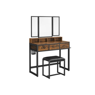 Vintage kaptafelset bruin-zwart met spiegel en kruk - glas en staal