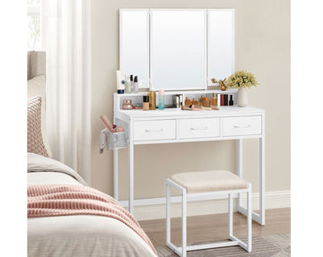 Witte kaptafelset met kruk – make-uptafel van staal, glas en spaanplaat – 40 x 90 x 141 cm