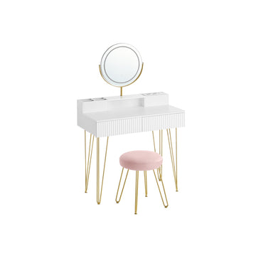 Kaptafelset met kruk, spiegel en verlichting - 40 x 80 x 134,8 cm - matwit-goud