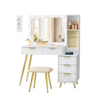 Make-uptafel met kruk en spiegel | Wolkenwit | 110x40x135 cm