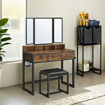 Make-uptafel met gevoerde kruk, drievoudige spiegel en 3 laden | Vintagebruin-Zwart | 90x40x141 cm