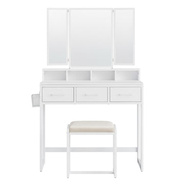 Make-uptafel met drievoudige spiegel en kruk, 3 laden | Greige-zwart | 90x40x141 cm