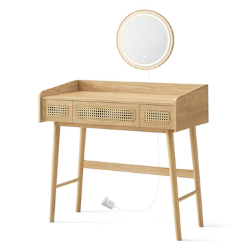 Make-uptafel met spiegel en verlichting, 3 laden | Eikenbeige | 90x43x82 cm