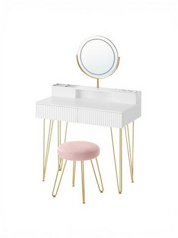 Kaptafel met spiegel, kruk, verlichting en stekkerdoos | Matwit-lichtgoud | 80x40x134,8 cm