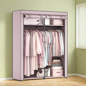 Roze stoffen kledingkast - opberger - non-woven - metalen frame - 140 x 43 x 174 cm