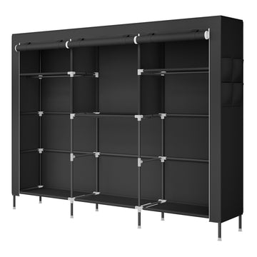Stoffen kledingkast met kledingstang en zijvakken | Zwart | 189x45x180 cm