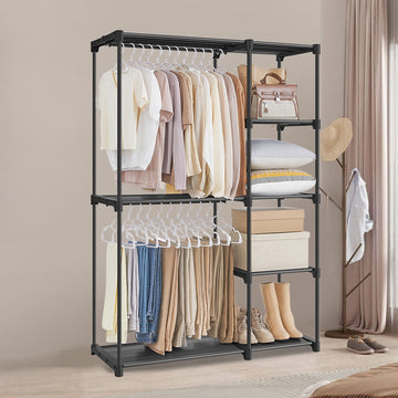 Kledingrek met legplanken, open kledingkast voor slaapkamer | Zwart | 112x43x165 cm