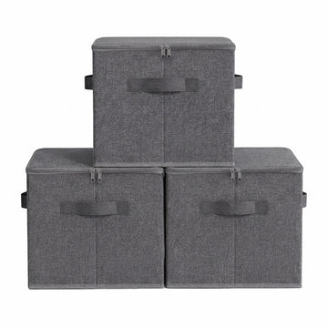 Opvouwbare opbergboxen met deksel en handgrepen, set van 3 | Grijs | 40x30x25 cm