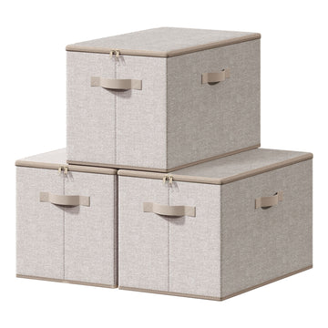 Opvouwbare stoffen opbergboxen met handgrepen 3-delige set | Beige | 50x30x30 cm
