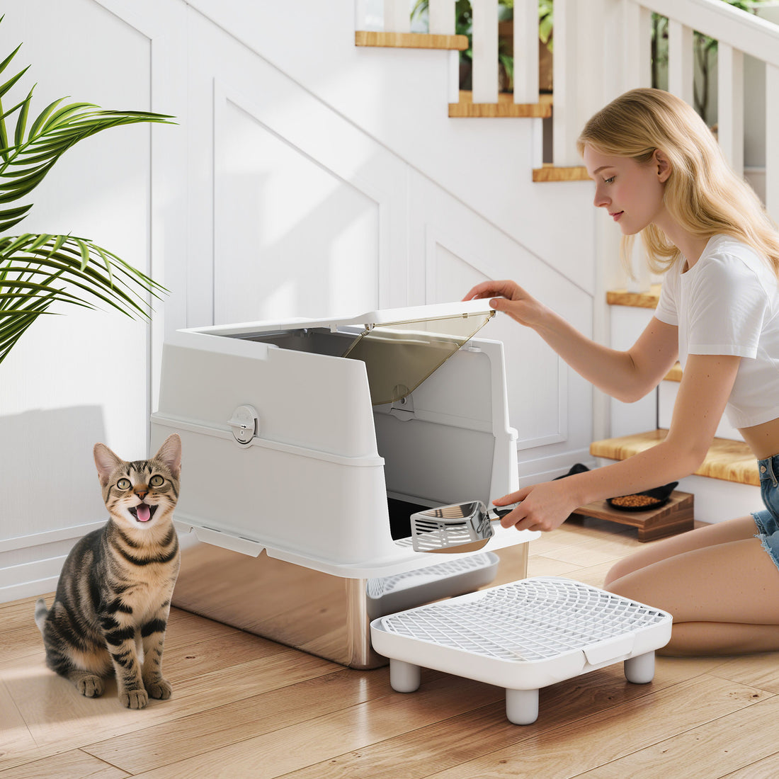 XL RVS kattenbak met klep en schep | Kleur: Hellgrijs | Afmetingen: 40,2x60,2x43,3 cm