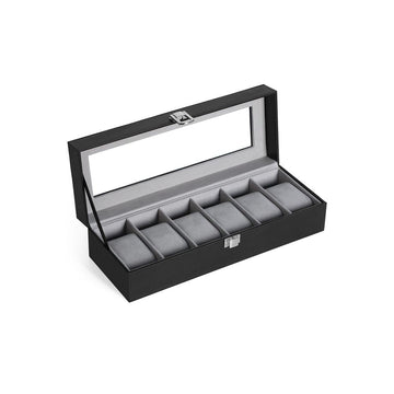 Horlogedoos met glazen deksel en slot voor 6 horloges, MDF, zwart-grijs