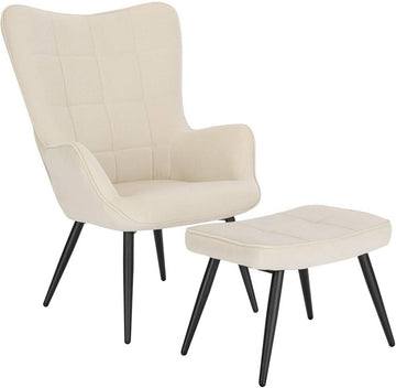 Relaxfauteuil met hocker van ribfluweel | Crèmewit