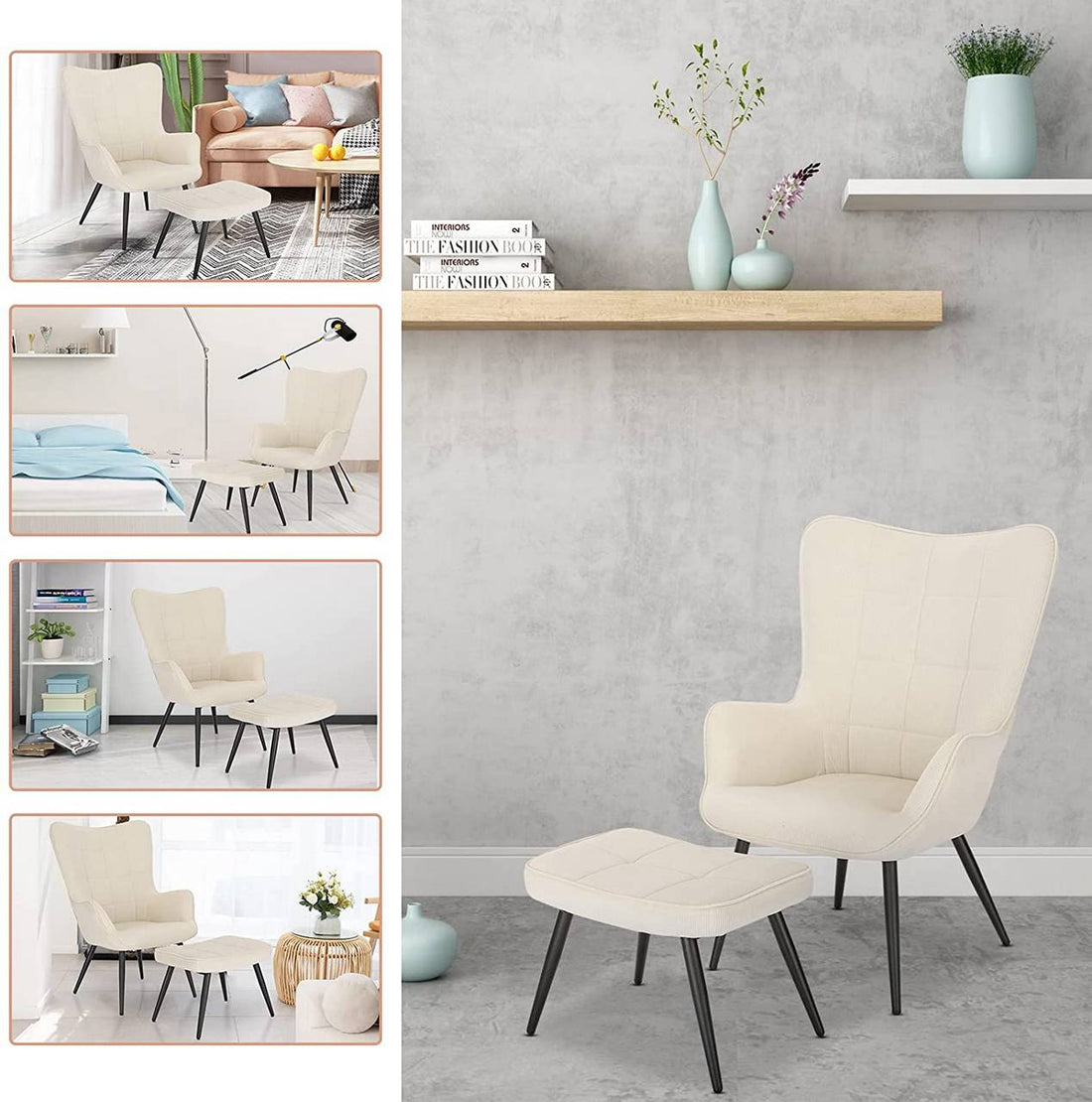 Relaxliege mit Hocker aus Cord | Cremeweiß