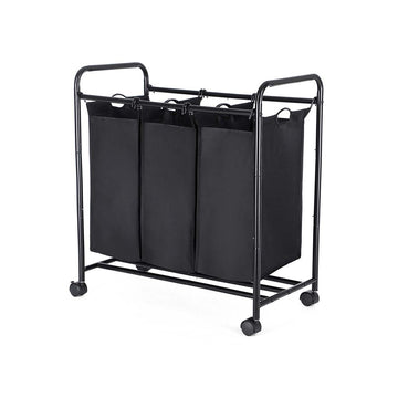 Wasmand op wielen met 3 vakken - zwart - 77 x 81,5 x 41 cm
