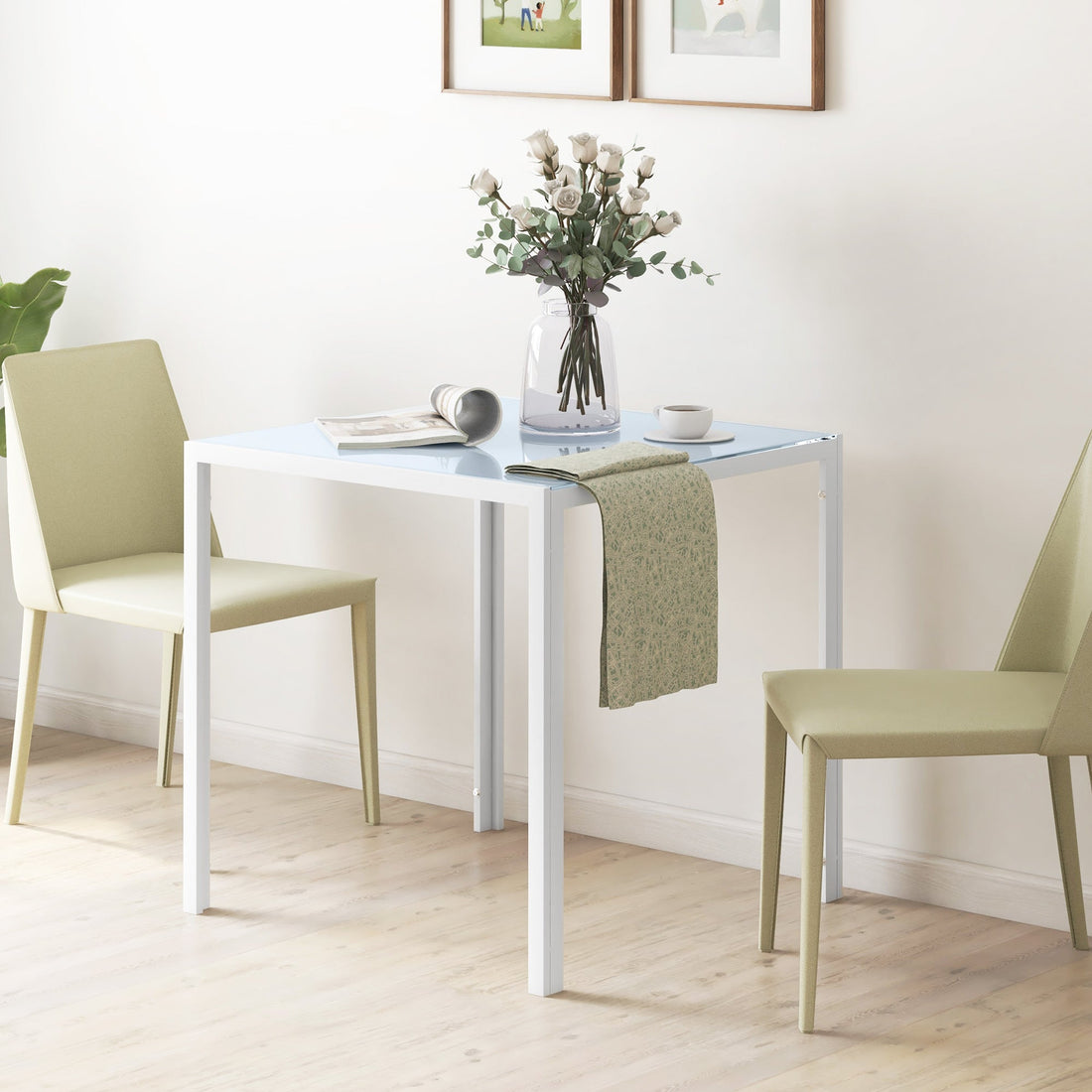 Vierkante glazen eettafel - Metalen frame | Kleur: Wit | Afmetingen: 75x75x75 cm