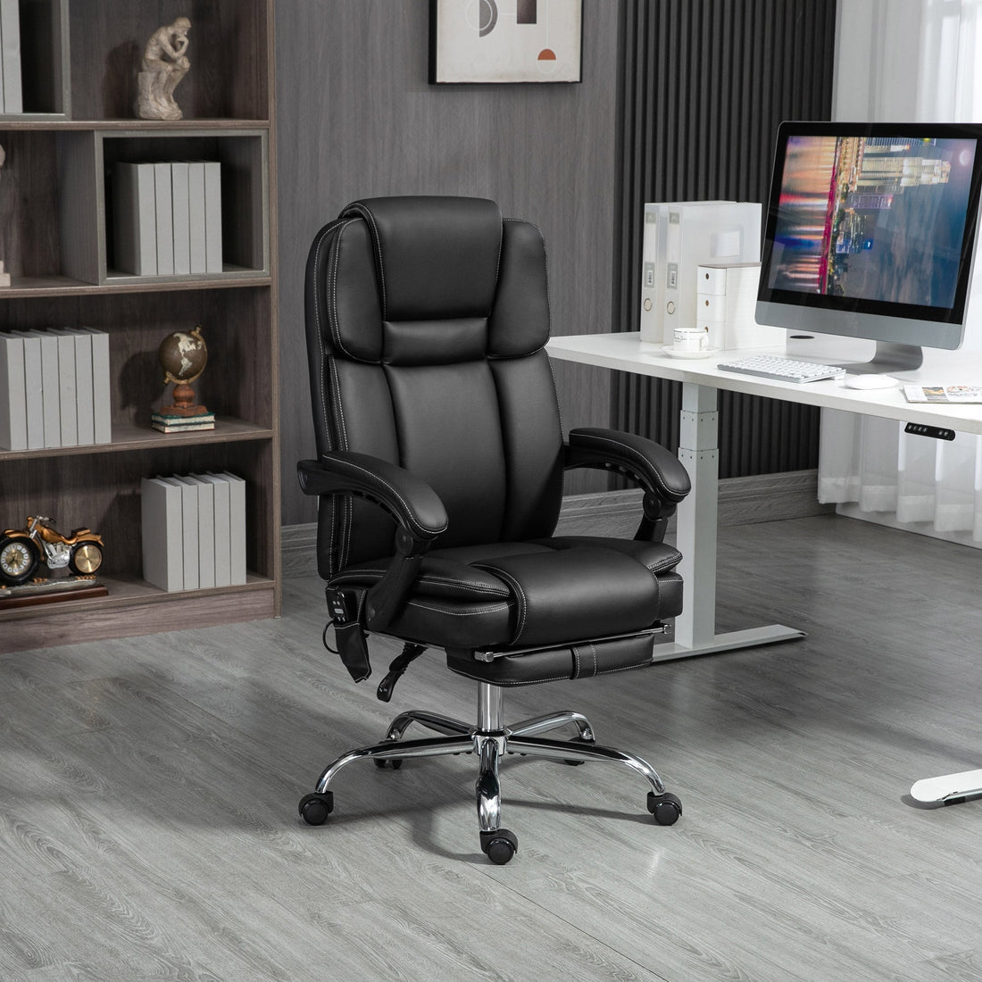 Massage bureaustoel met voetensteun en warmte | Kleur: Zwart | Afmetingen: 66x67x118-126 cm