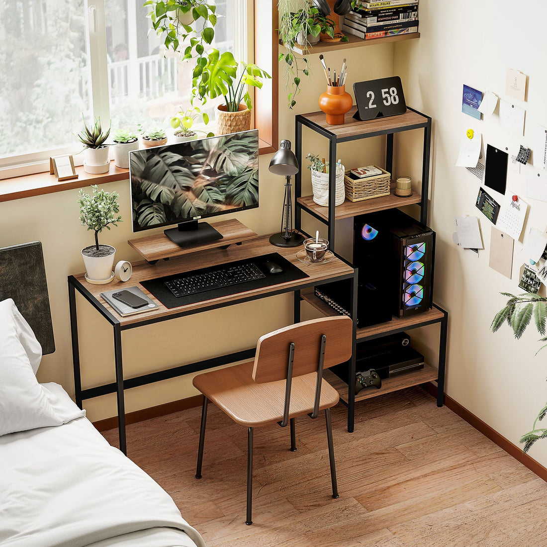 Computertisch mit Monitorständer | Farbe: Braun, Schwarz | Abmessungen: 150x48x125 cm