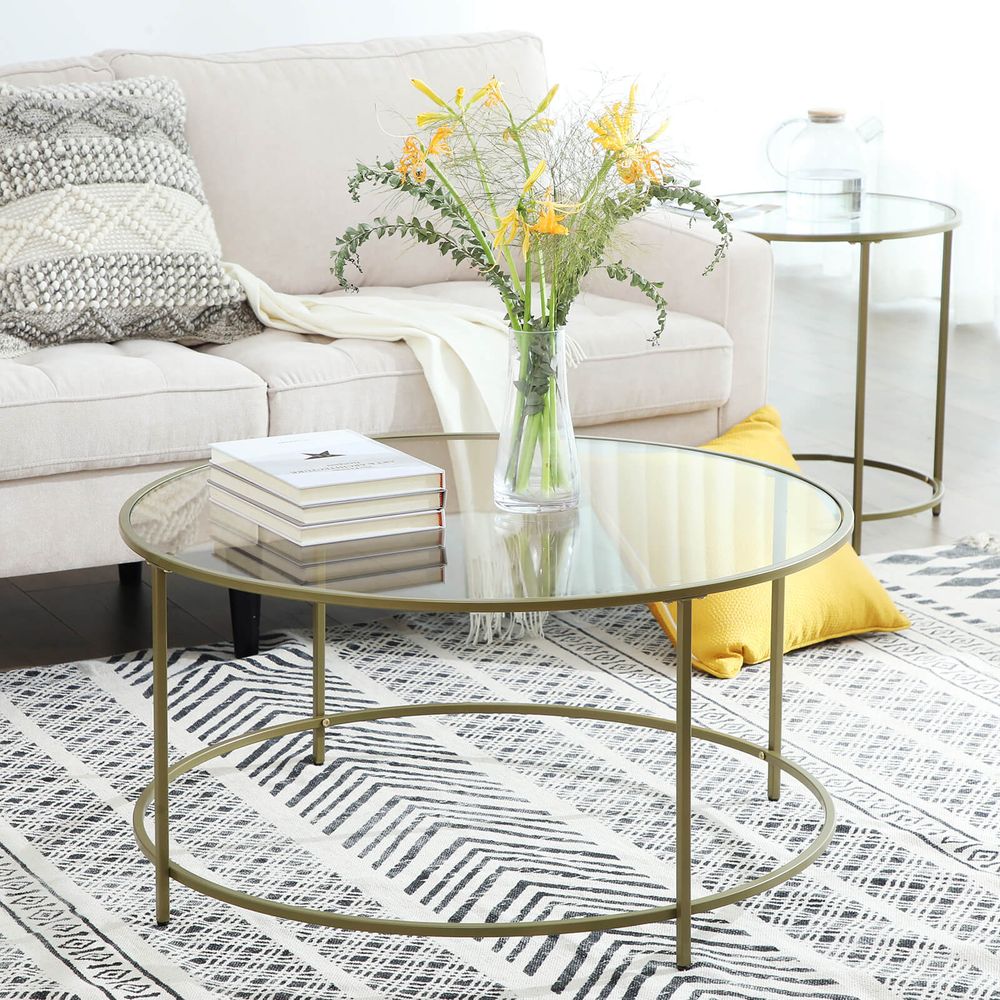 Runder Couchtisch mit Glasplatte, Metallbeinen, goldfarben, 84 x 84 x 45,5 cm