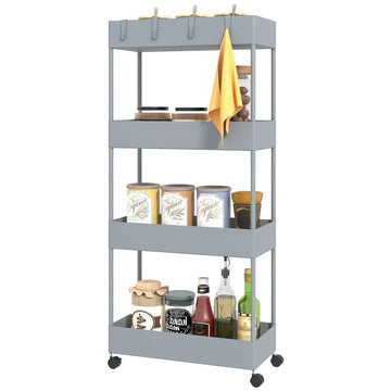 Keukentrolley met 4 planken en 4 flexibele haken | Kleur: Grijs | Afmetingen: 40x19x90 cm