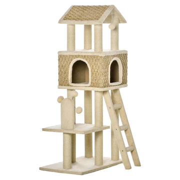 Kattenkrabpaal met kattenhuis | Kleur: Khaki+Beige+Coffee | Afmetingen: 40x69x131 cm