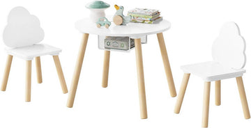 Ronde kindertafel met 2 stoelen en netzak | Wit + lichte eik | 52x52x43,5 cm