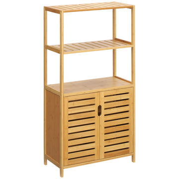 Bamboe badkamerkast met lameldeuren en open planken | Kleur: Bruin | Afmetingen: 60x30x120 cm