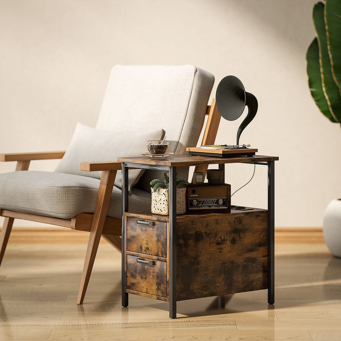 Beistelltisch mit Ladestation, 2 Schubladen | Farbe: Rustikales Braun | Abmessungen: 35x55x58.5 cm
