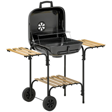 Houtskoolgrill met deksel en grillwagen | Kleur: Zwart | Afmetingen: 54x98x91 cm