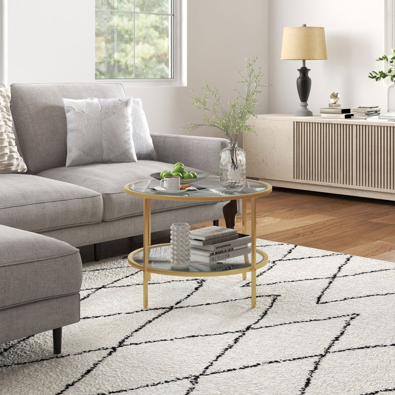 Runder Beistelltisch mit 2 Ebenen und Glasplatte | Farbe: Gold-transparent | Abmessungen: 60x60x43 cm