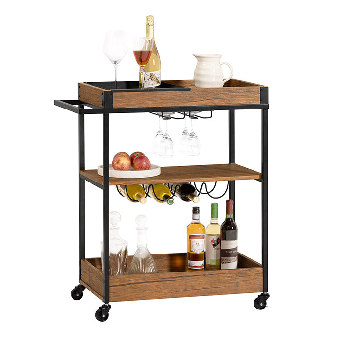 Serveerwagen - Keukenwagen - Mobiele barwagen - MDF en metalen constructie - Verwijderbaar metalen dienblad - Flessen- en glashouder - Gemakkelijke mobiliteit met afsluitbare wielen - 77 cm x 90 cm x 41 cm