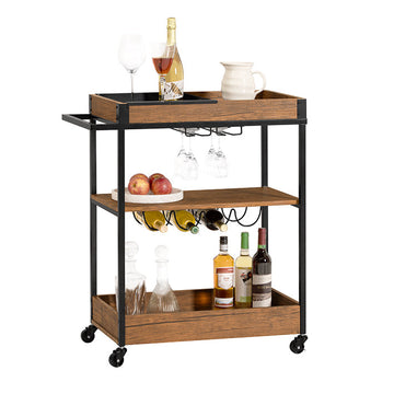 Serveerwagen - Keukenwagen - Mobiele barwagen - MDF en metalen constructie - Verwijderbaar metalen dienblad - Flessen- en glashouder - Gemakkelijke mobiliteit met afsluitbare wielen - 77 cm x 90 cm x 41 cm