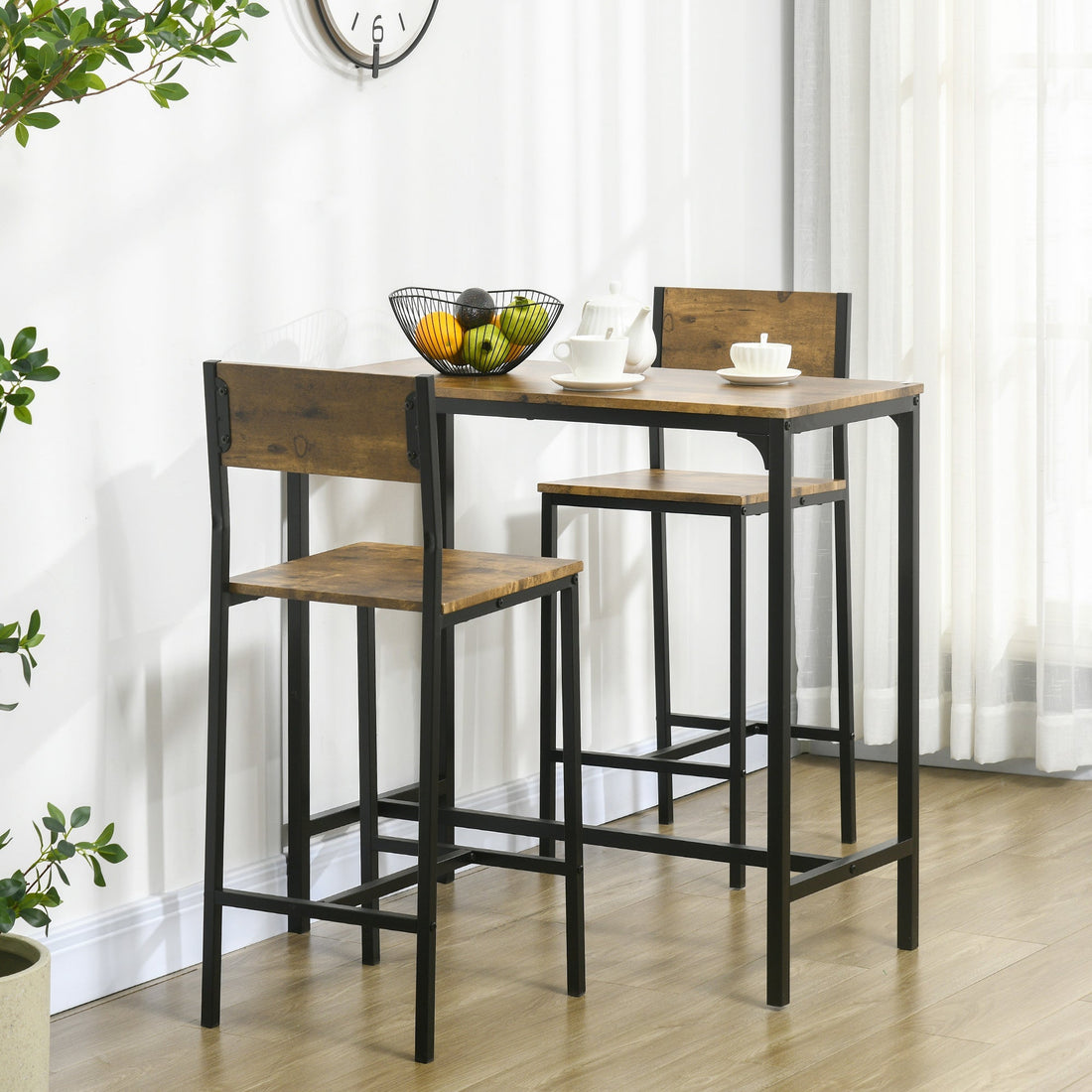 3-teiliges Barset mit Stehtisch und 2 Barhockern | Farbe: Braun | Maße: 45x89x87 cm