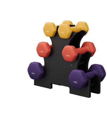 Halterset voor thuisgym – dumbbells – gietijzer met vinyl – geel, oranje, paars – met standaard