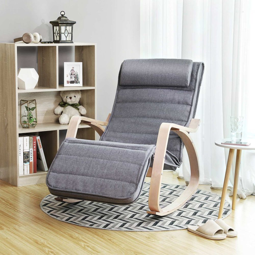 Schaukelstuhl – ergonomisch – Birkenholz – Leinenoptik – grau – 67 x 115 x 91 cm