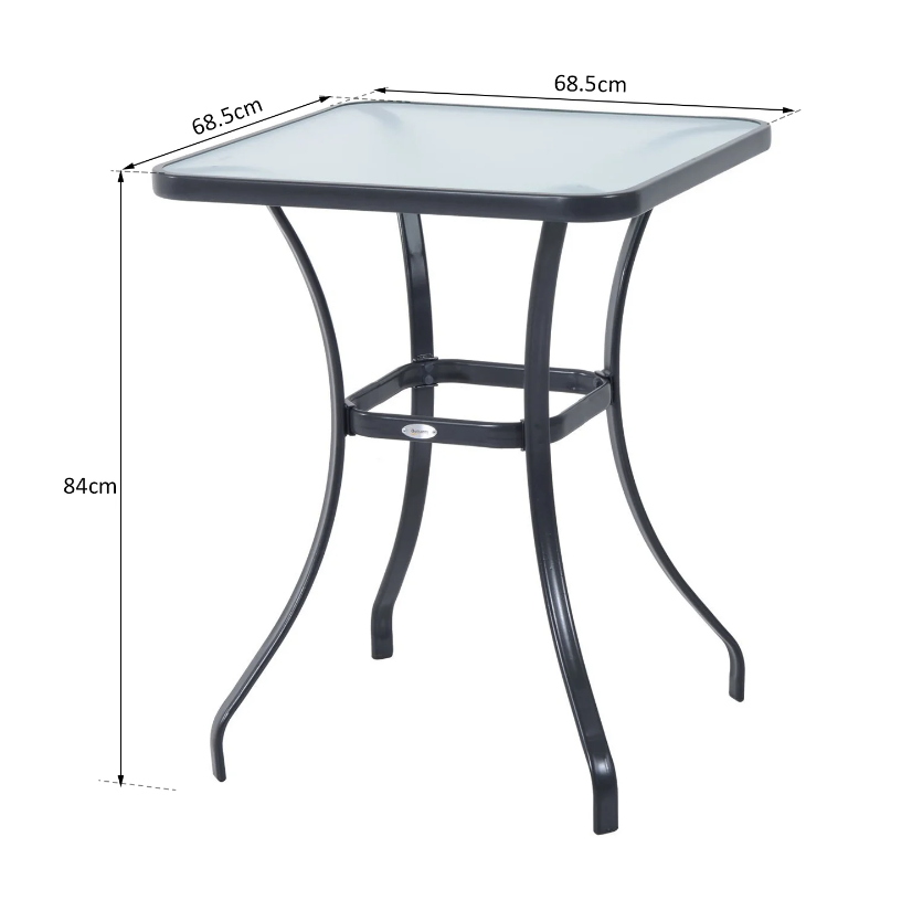 Vierkante tuintafel - metalen tafel met glazen blad | Kleur: Zwart | Afmetingen: 68,5x68,5x84 cm