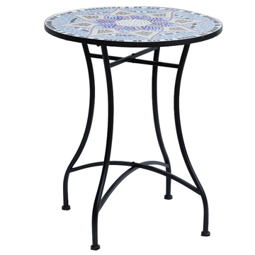 Mozaïek tuintafel - Rond | Kleur: Blauw + wit + zwart | Afmetingen: 60x60x71 cm
