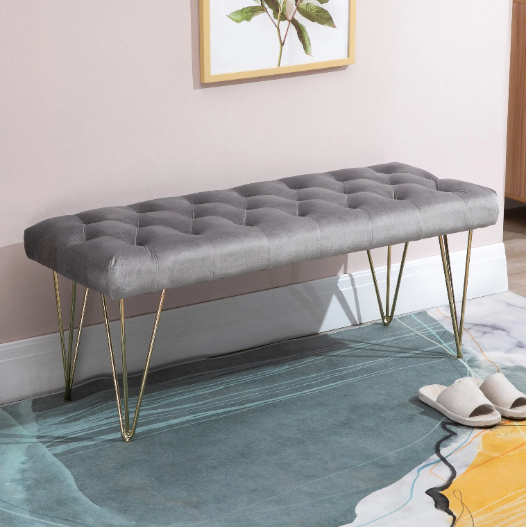 Bänk i sammet för hall och matsal | Färg: Grå | Mått: 44.5x116x49 cm