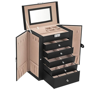 Sieradendoos met spiegel en slot, 6 laden, zwart, 26 x 15,5 x 32 cm