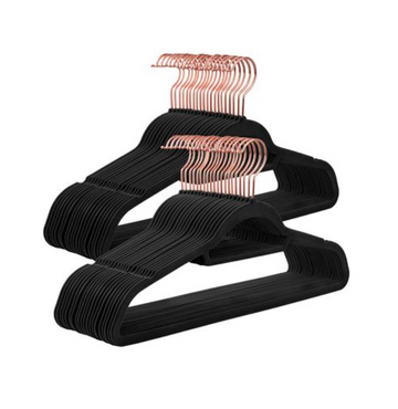 Kledinghangers 50 stuks, fluweel, antislip, draaibare haak, zwart/roségoud