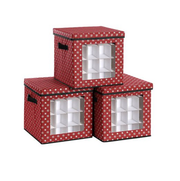 Opbergdozen voor kerstballen, set van 3, opvouwbaar, 64 vakken, rood, 30,5 x 30,5 x 30,5 cm